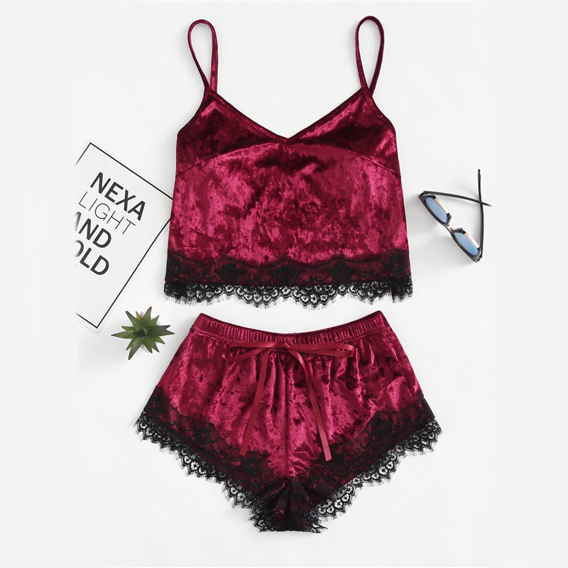 Velvet Sleeveless Eyelash Lace Two Piece Pajama Shorts Set