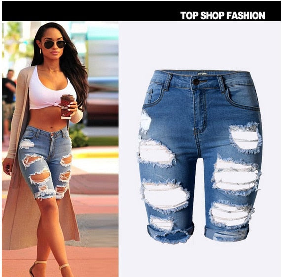 High Waist Ripped Hole Roll Cuff Denim Shorts (Blue, Black, White)