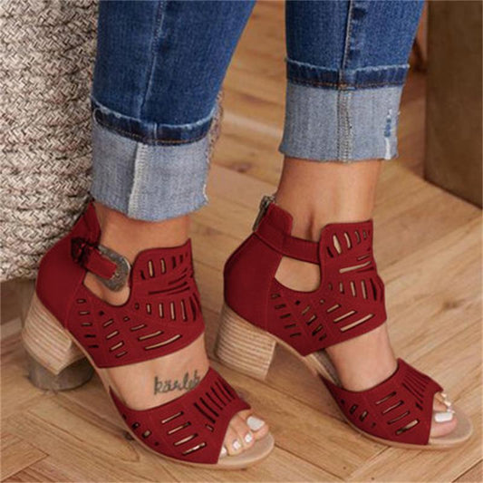 Mid Heel Buckle Leather Sandals