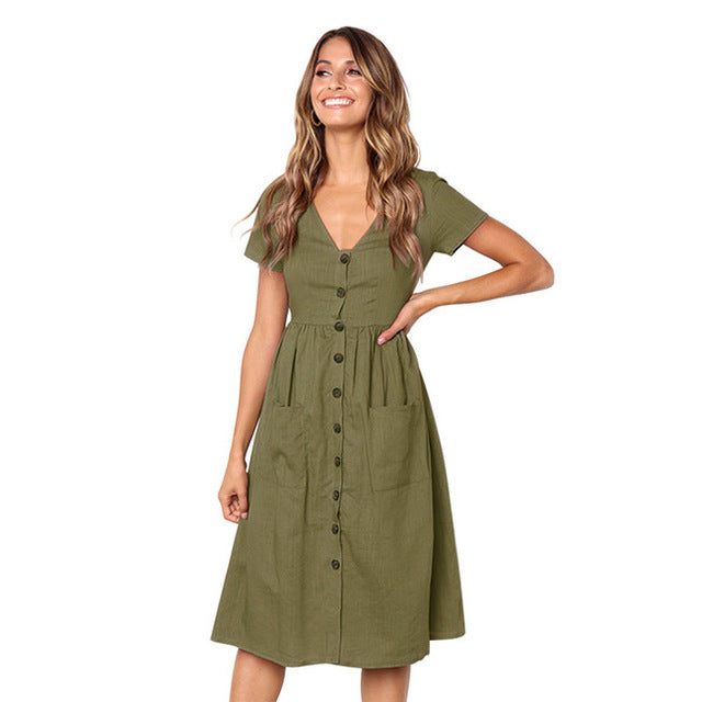 Solid V-neck Button Bohemian Casual Cotton Midi Dress