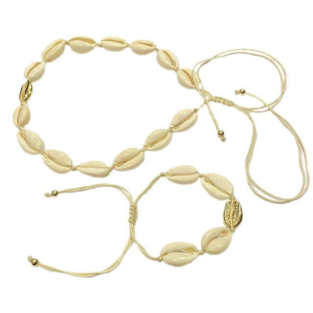 Bohemian Natural Shell Gold Cowrie Necklace and Bracelet Set