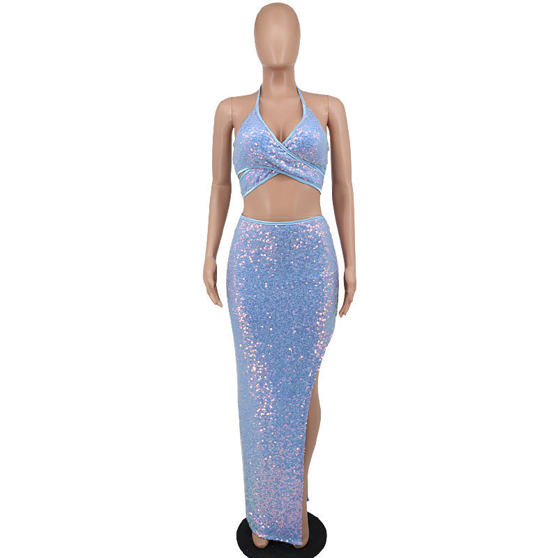 Sequin Two-Piece Halter Neck Slit Maxi Dress