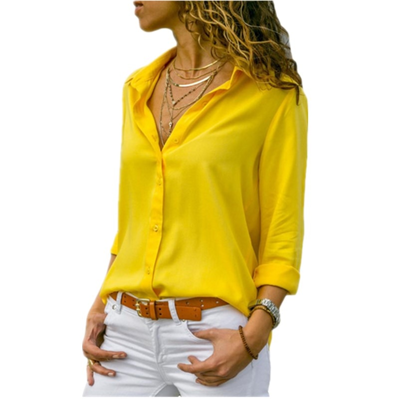 Lossky Long Sleeve Solid V-Neck Chiffon Button Up Blouse (8 colors)