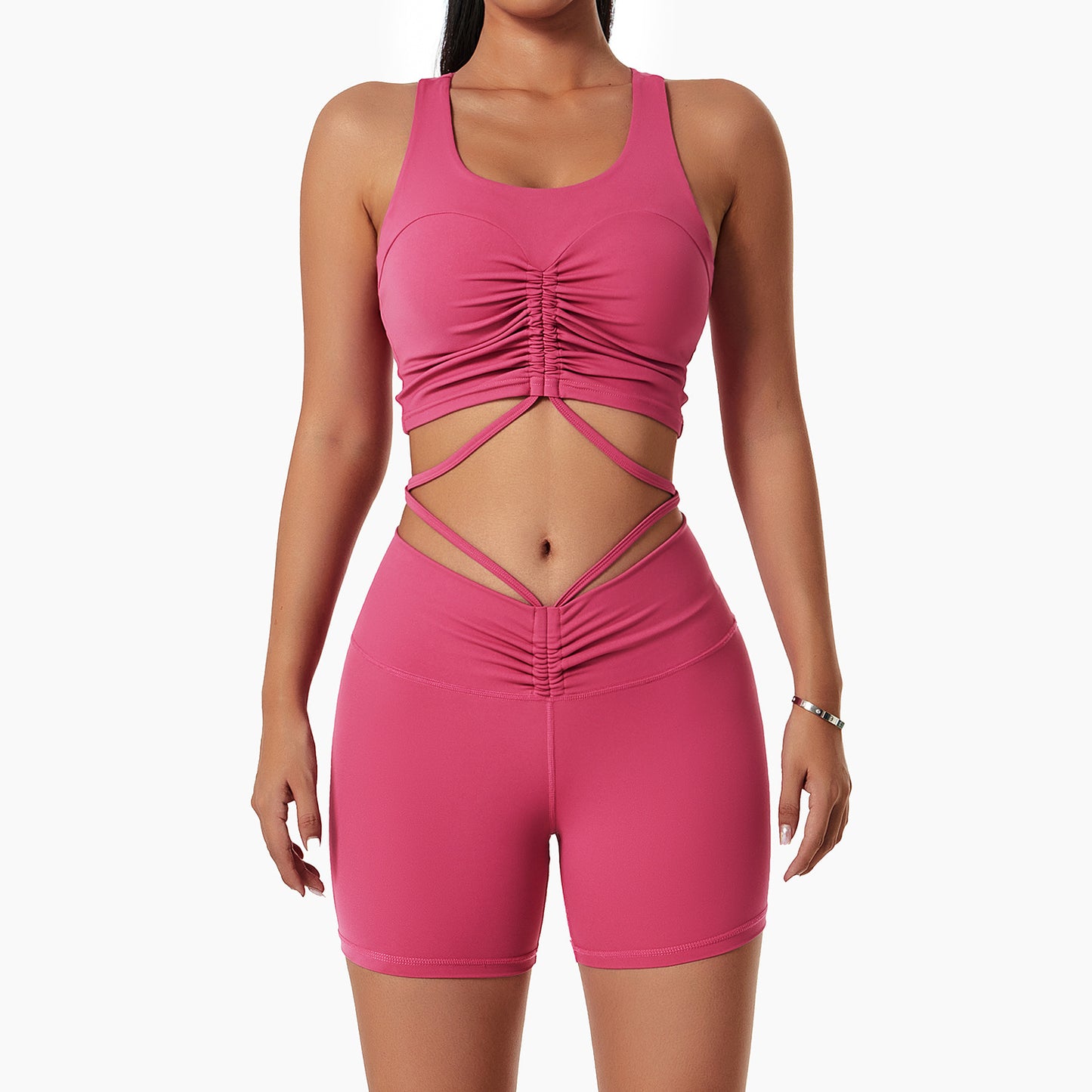 Solid Tank Drawstring Yoga Shorts Suit