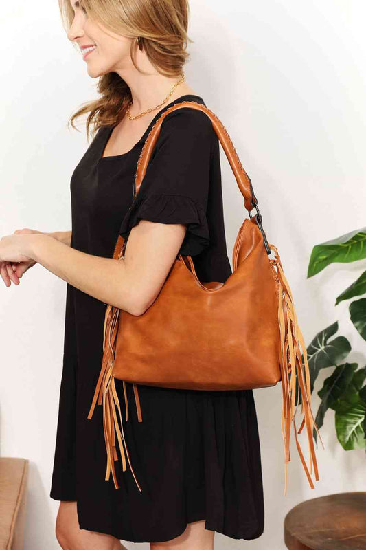 Fringe Detailed PU Leather Shoulder Bag (Caramel/Mist Green)