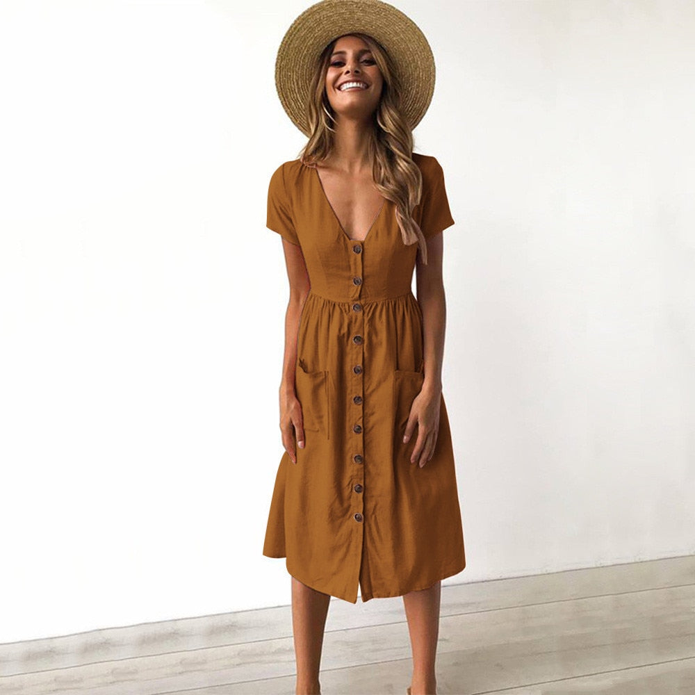 Solid V-neck Button Bohemian Casual Cotton Midi Dress