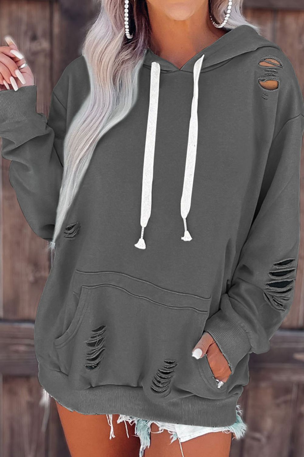 Cutout Drop Shoulder Pullover Hoodie (4 colors)