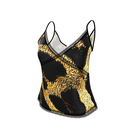 Primal Elegance: Golden Leopard Abstract Lace Trim Cami
