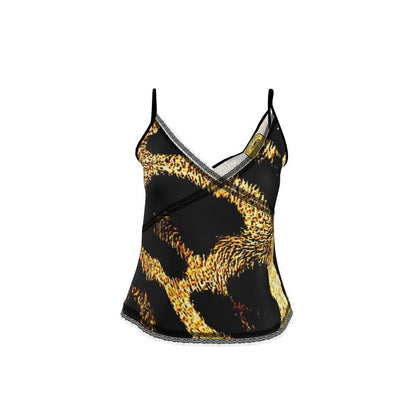 Primal Elegance: Golden Leopard Abstract Lace Trim Cami