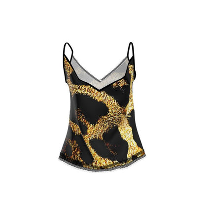Primal Elegance: Golden Leopard Abstract Lace Trim Cami