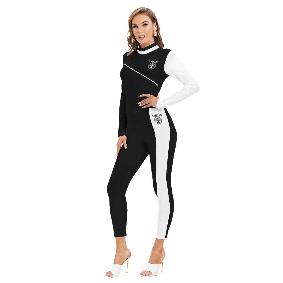 Yahuah-Tree of Life 02-06 Yin Yang Designer Mock Neck Long Sleeve Jumpsuit with Zipper (Style 01)