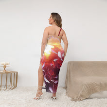 Load image into Gallery viewer, Floral Embosses: Rose Daydream 01 Designer Oblique Shoulder Exposure Side Split Plus Size Maxi Dress