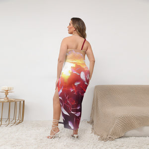 Floral Embosses: Rose Daydream 01 Designer Oblique Shoulder Exposure Side Split Plus Size Maxi Dress