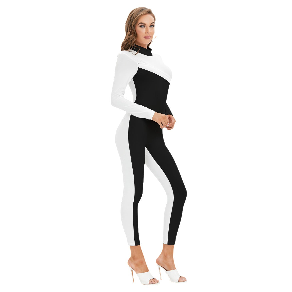 Yahuah-Tree of Life 02-06 Yin Yang Designer Mock Neck Long Sleeve Jumpsuit with Zipper (Style 02)