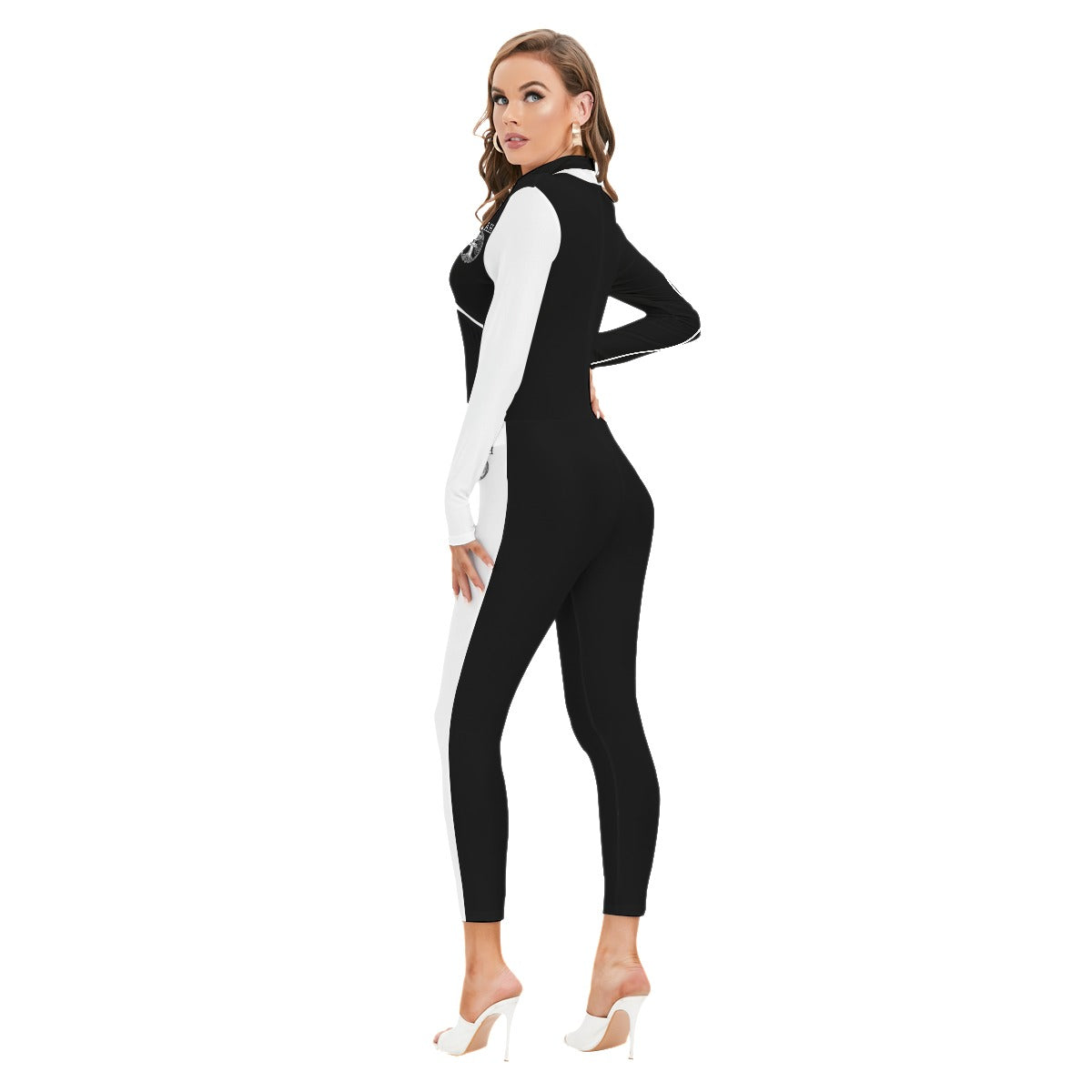 Yahuah-Tree of Life 02-06 Yin Yang Designer Mock Neck Long Sleeve Jumpsuit with Zipper (Style 01)