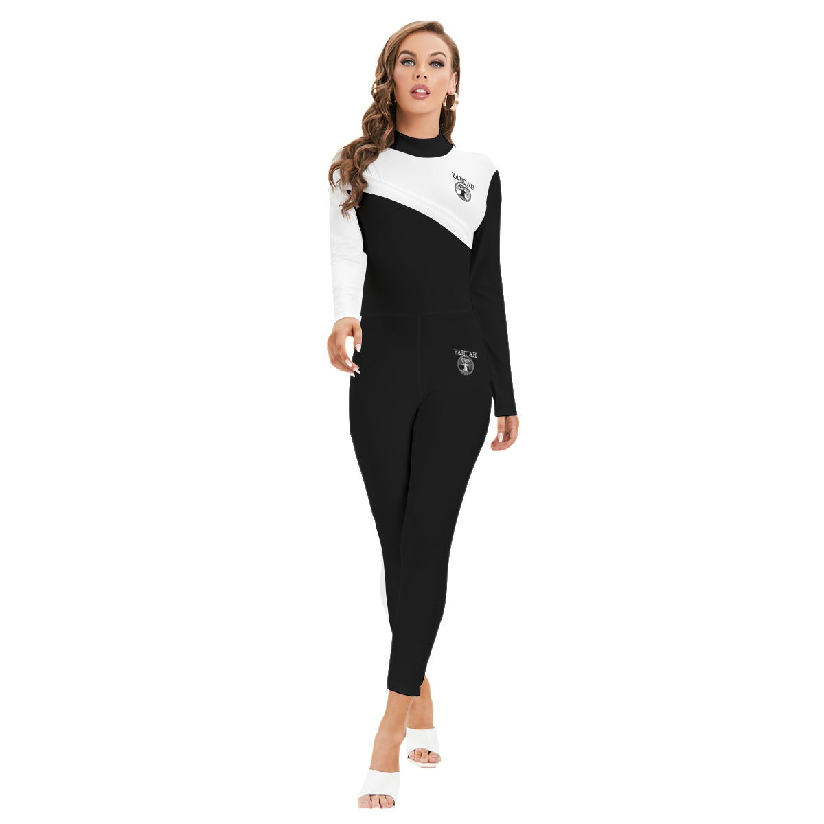 Yahuah-Tree of Life 02-06 Yin Yang Designer Mock Neck Long Sleeve Jumpsuit with Zipper (Style 02)