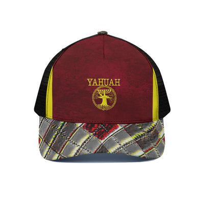 Yahuah Logo 02-02 Gorra de camionero unisex de diseño con media malla negra 