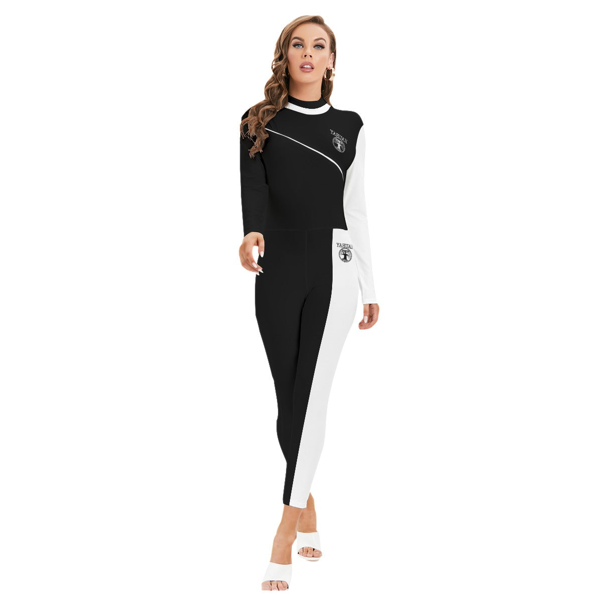 Yahuah-Tree of Life 02-06 Yin Yang Designer Mock Neck Long Sleeve Jumpsuit with Zipper (Style 01)