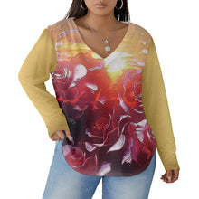 Cargar imagen en el visor de la galería, Estampados florales: Rose Daydream 01 Blusa de diseñador con cuello en V y dobladillo curvo, manga larga y talla grande 