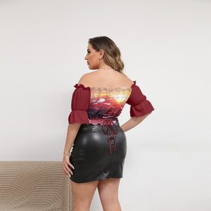 Floral Embosses: Rose Daydream 01 Designer Cropped Off Shoulder Puff Sleeve Plus Size Top