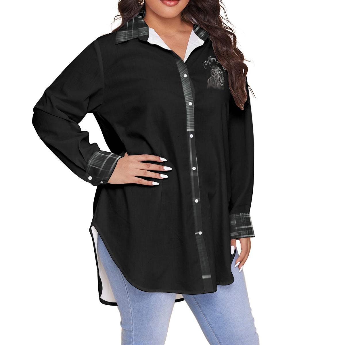 TRP Matrix 03 Designer Long Sleeve Curved Hem Button Up Plus Size Blouse