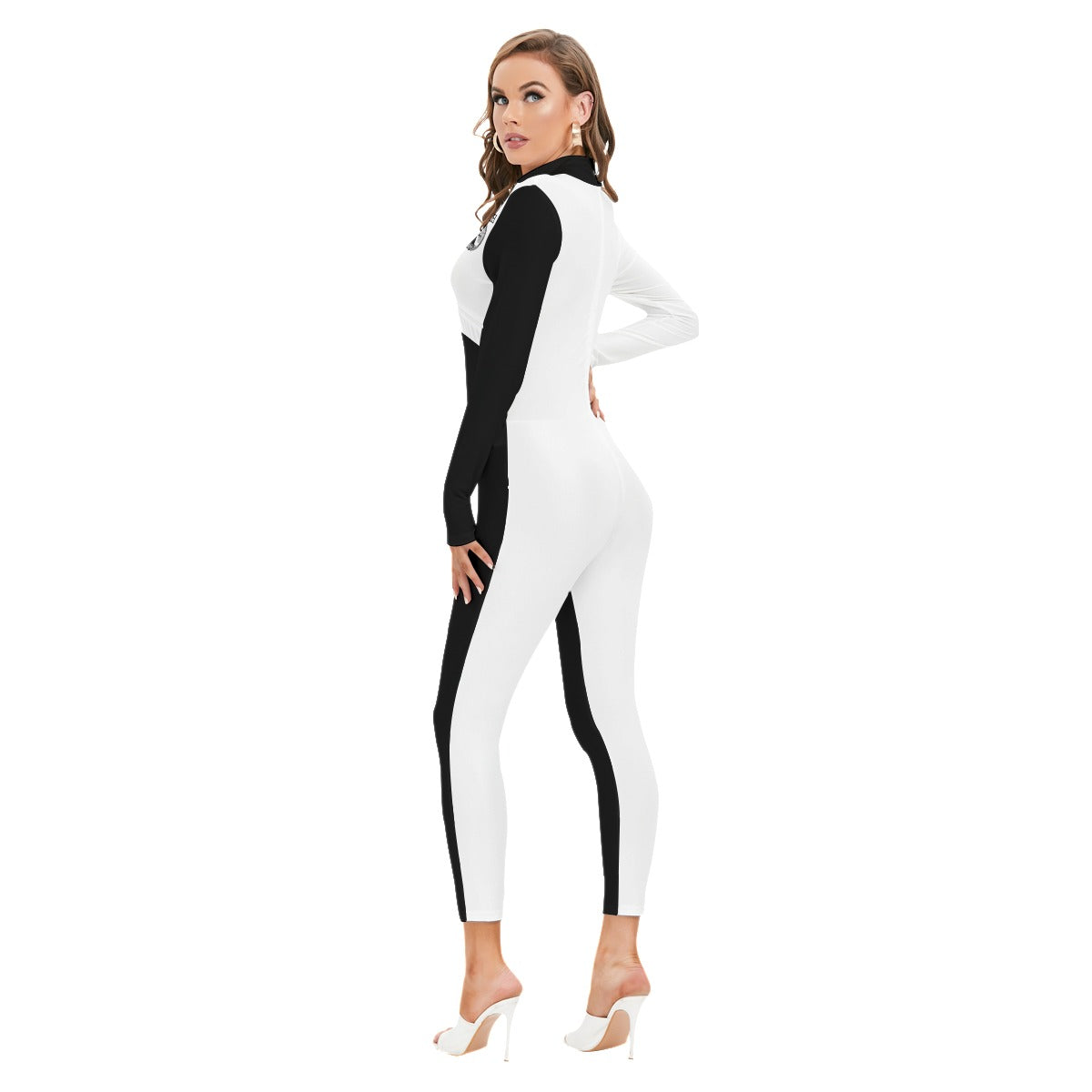 Yahuah-Tree of Life 02-06 Yin Yang Designer Mock Neck Long Sleeve Jumpsuit with Zipper (Style 02)