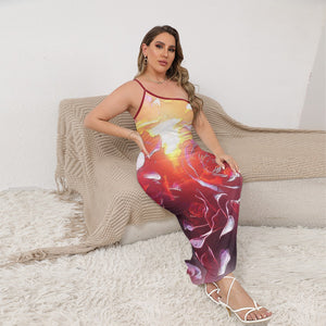 Floral Embosses: Rose Daydream 01 Designer Oblique Shoulder Exposure Side Split Plus Size Maxi Dress