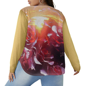 Estampados florales: Rose Daydream 01 Blusa de diseñador con cuello en V y dobladillo curvo, manga larga y talla grande 
