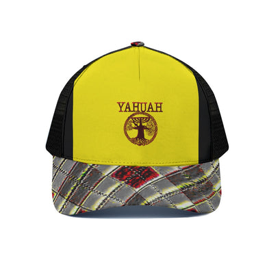 Yahuah Logo 02-02 Gorra de camionero unisex de diseño con media malla negra 