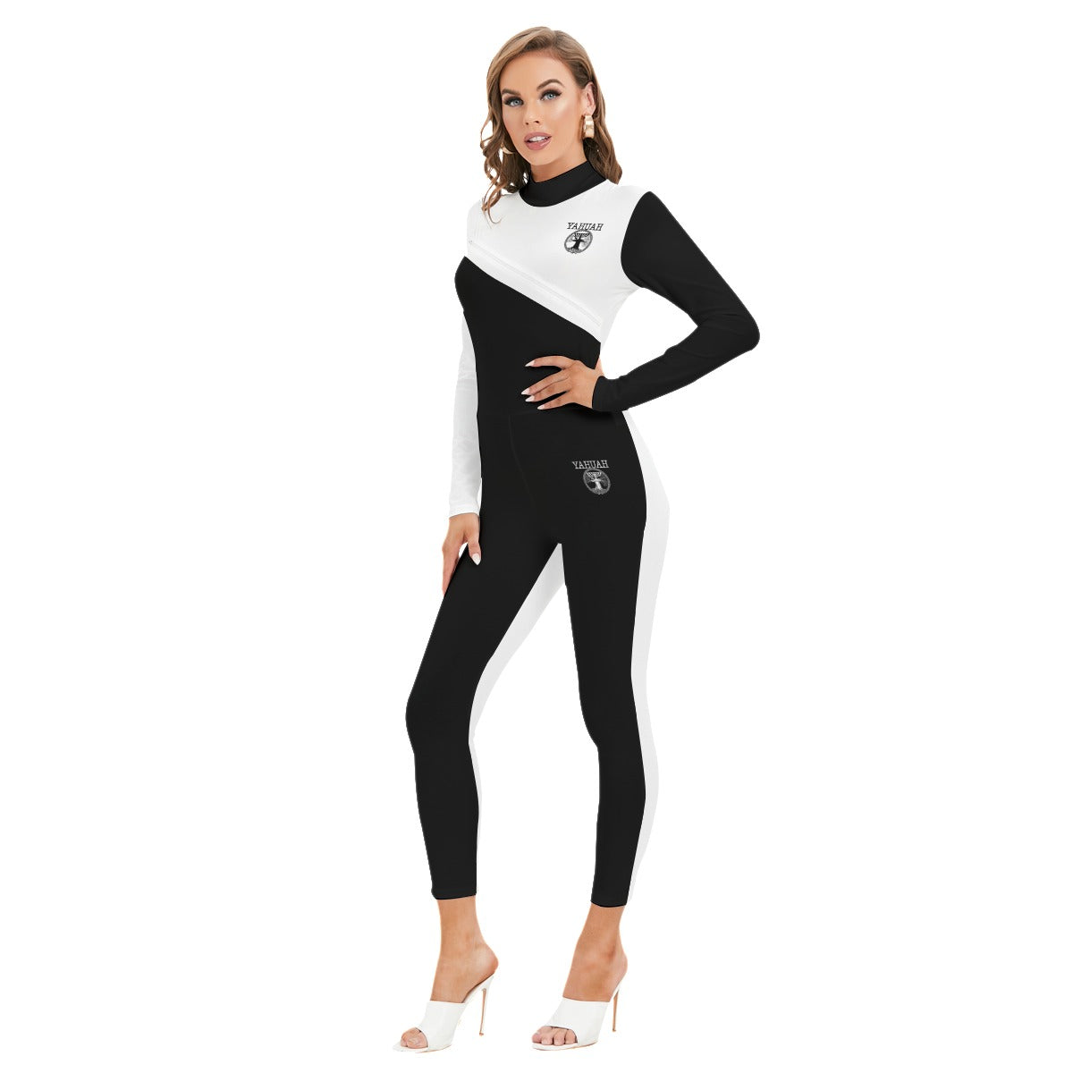 Yahuah-Tree of Life 02-06 Yin Yang Designer Mock Neck Long Sleeve Jumpsuit with Zipper (Style 02)