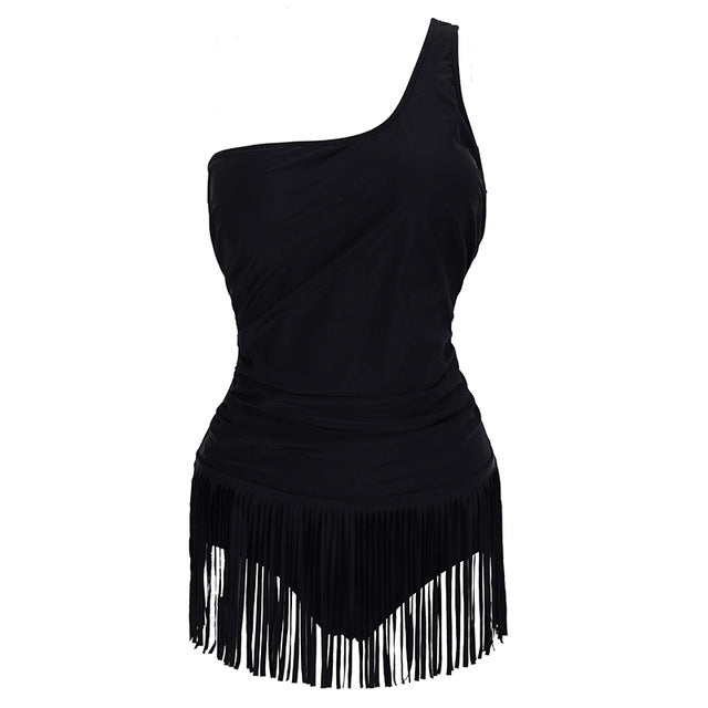 Fringed Black One Piece Backless Plus Size Swimsuit