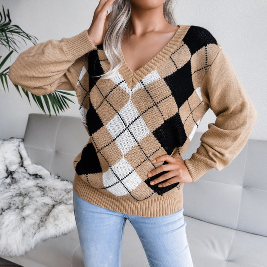 College Style Diamond Print Lady Sweater