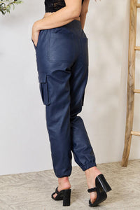 Navy Blue Faux Leather High Waist Cargo Pants