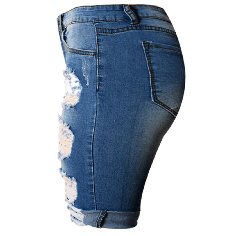 High Waist Ripped Hole Roll Cuff Denim Shorts (Blue, Black, White)