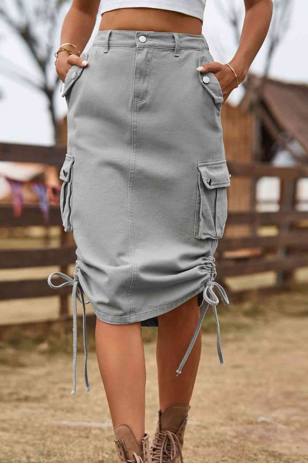 Drawstring Denim Cargo Midi Skirt (4 colors)