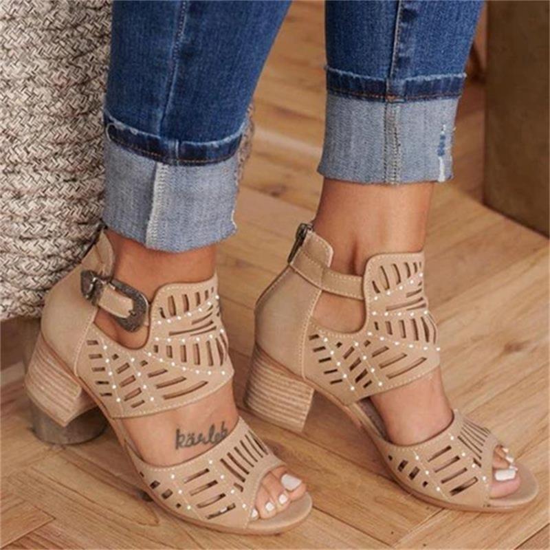 Mid Heel Buckle Leather Sandals