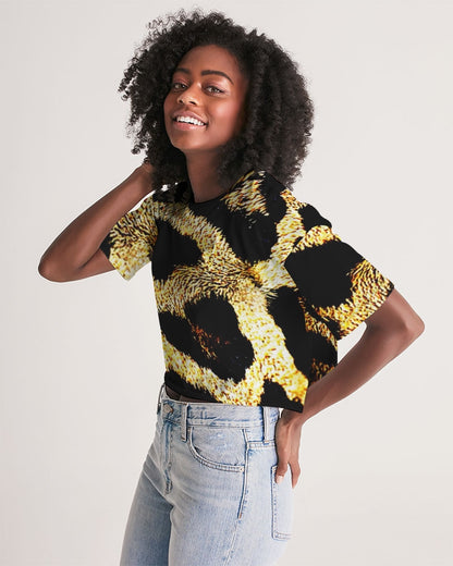 Primal Elegance: Golden Leopard Abstract Drop Shoulder Raw Hem Crop Top