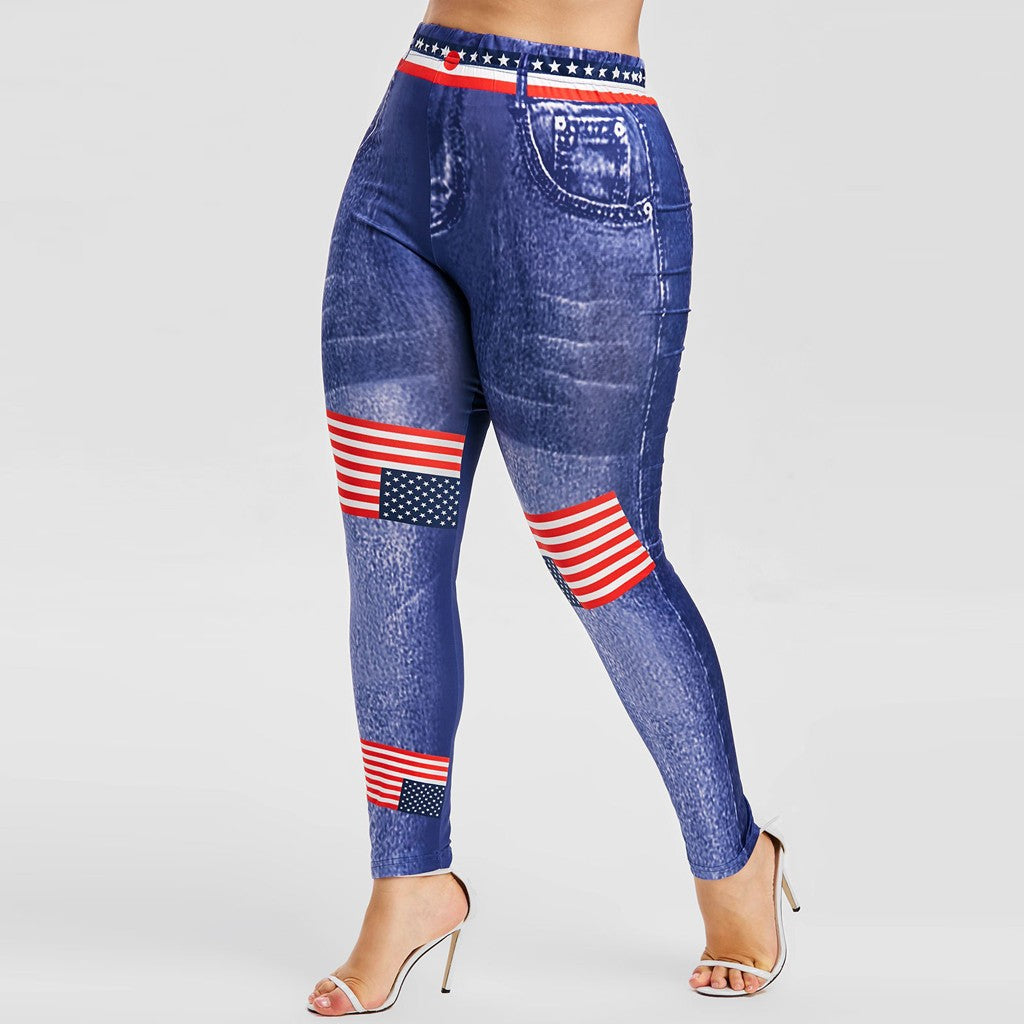 American Flag Print High Waist Elastic Waist 3D Plus Size Skinny Pants