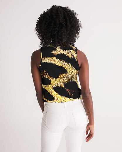 Primal Elegance: Golden Leopard Abstract Sleeveless Crop Top