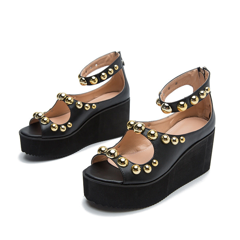 Wedge Round Toe Buckle Up Foam Platform Roman Sandals