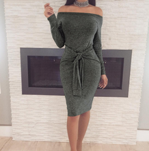 Load image into Gallery viewer, Off The Shoulder Long Sleeve Bodycon Midi Dress