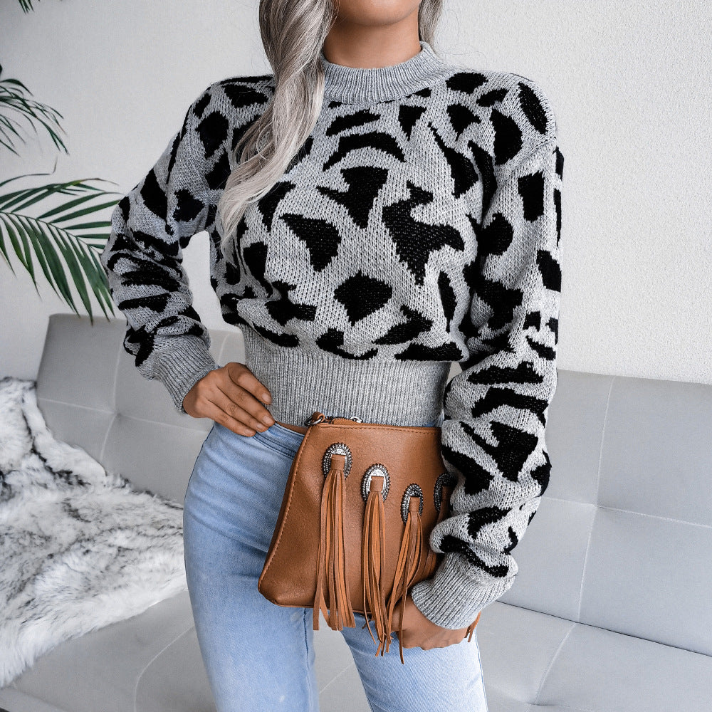 Leopard Print Waist Knit Mock Neck Lady Sweater