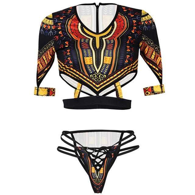 Dashiki Short Sleeve Thong Swimsuit