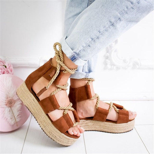 Hemp Lace Up Block Heel Gladiator Sandals