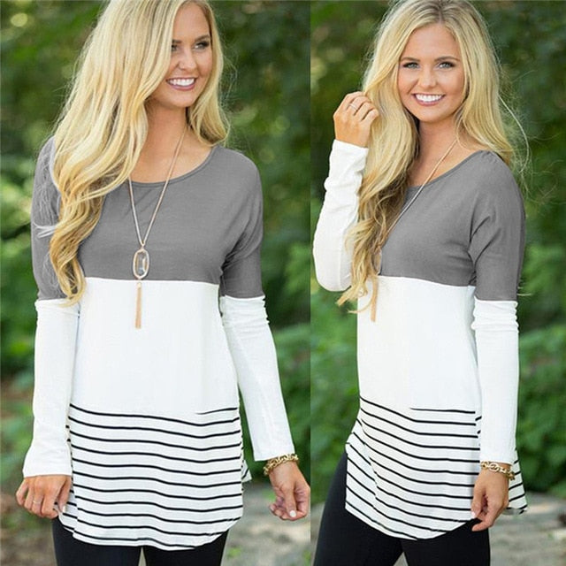 Back Lace Striped Long Sleeve Tunic Blouse (5 colors)