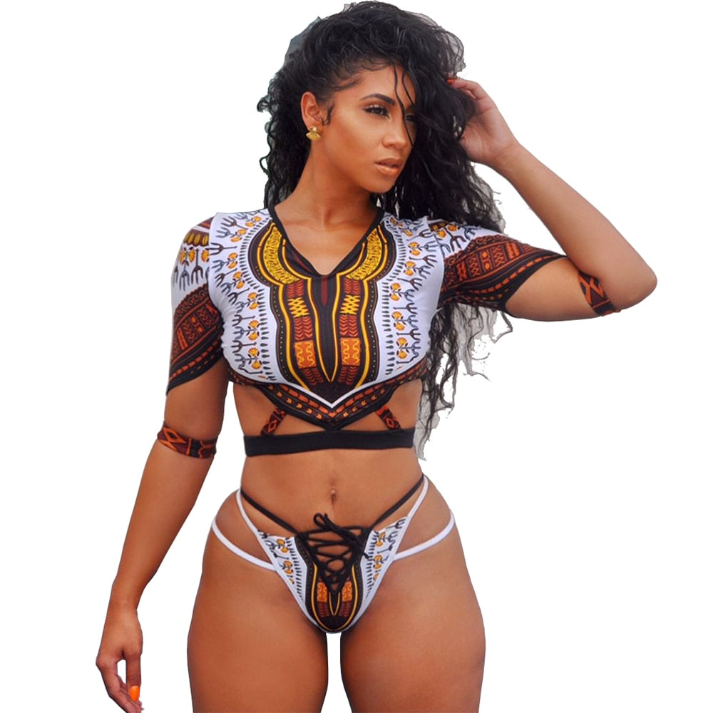 Dashiki Short Sleeve Thong Swimsuit