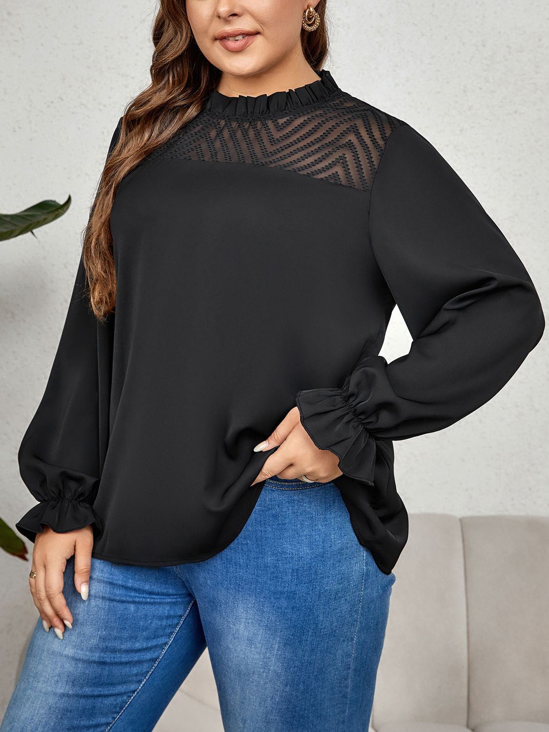 Round Neck Flounce Sleeve Plus Size Blouse