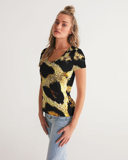 Primal Elegance: Golden Leopard Abstract V-neck T-shirt