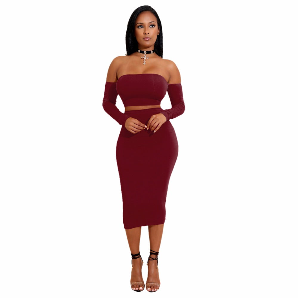 Lace Up Long Sleeve Tube Top Midi Skirt Set