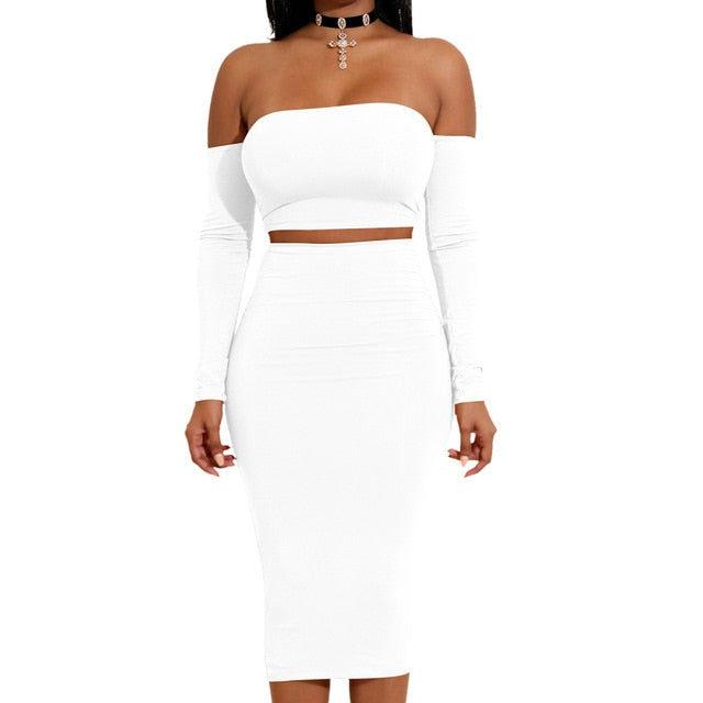 Lace Up Long Sleeve Tube Top Midi Skirt Set